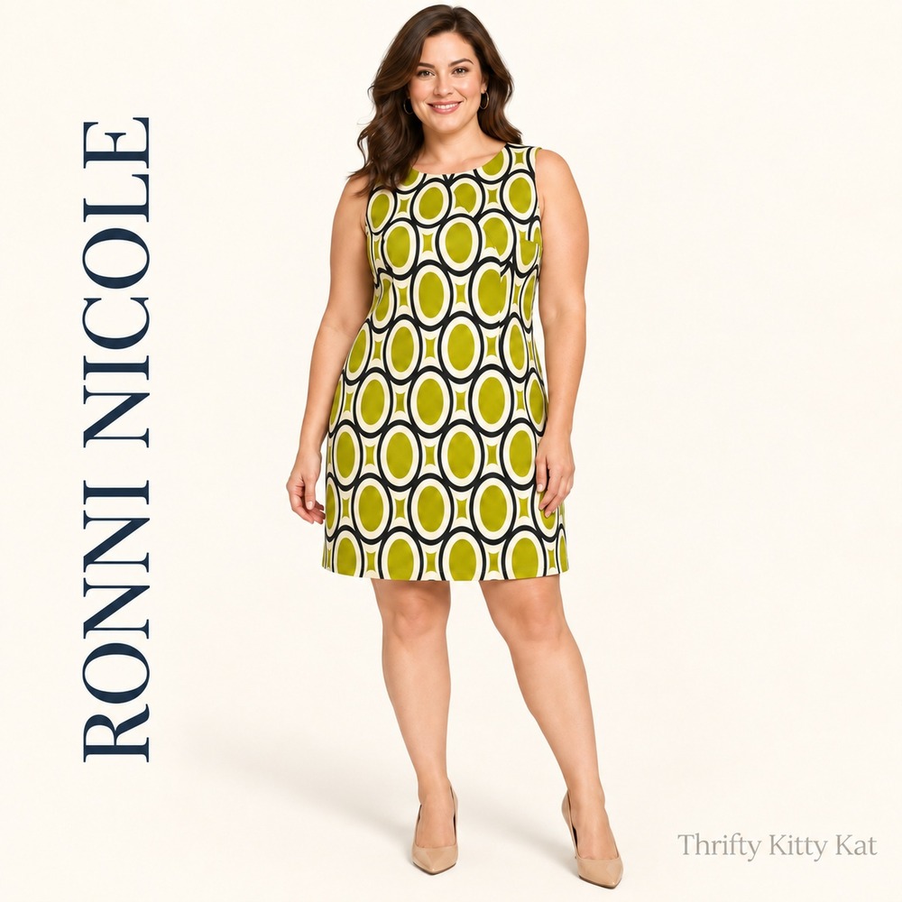 Ronni Nicole Geometric Print Sheath Dress Lime Green Black White Retro Glam 14
